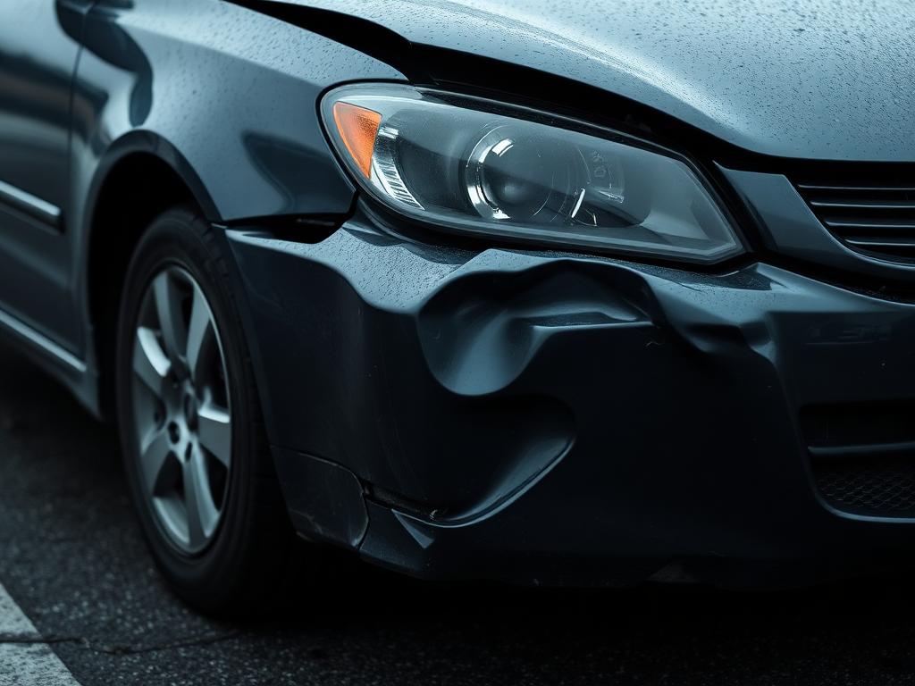 Crumpled front fender and bumper on a parked sedan after an impact