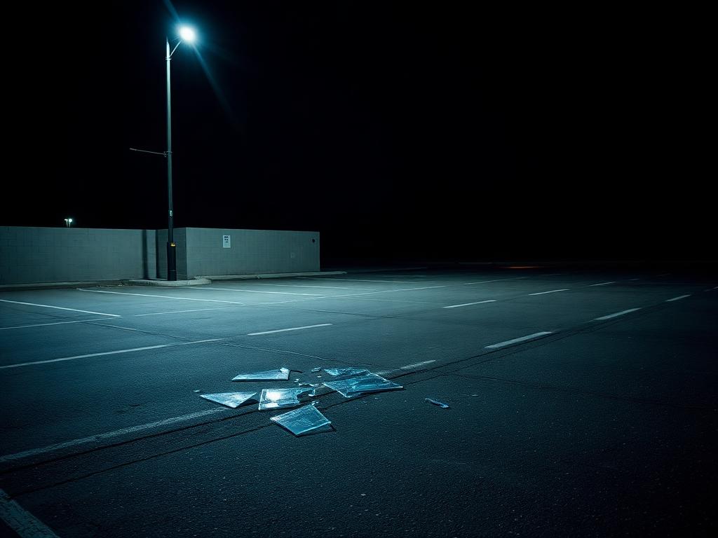 Empty parking space at night with shattered window glass on the asphalt