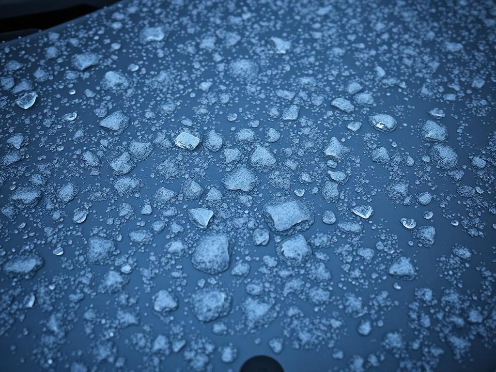 Melting hail on a dented car hood after a storm