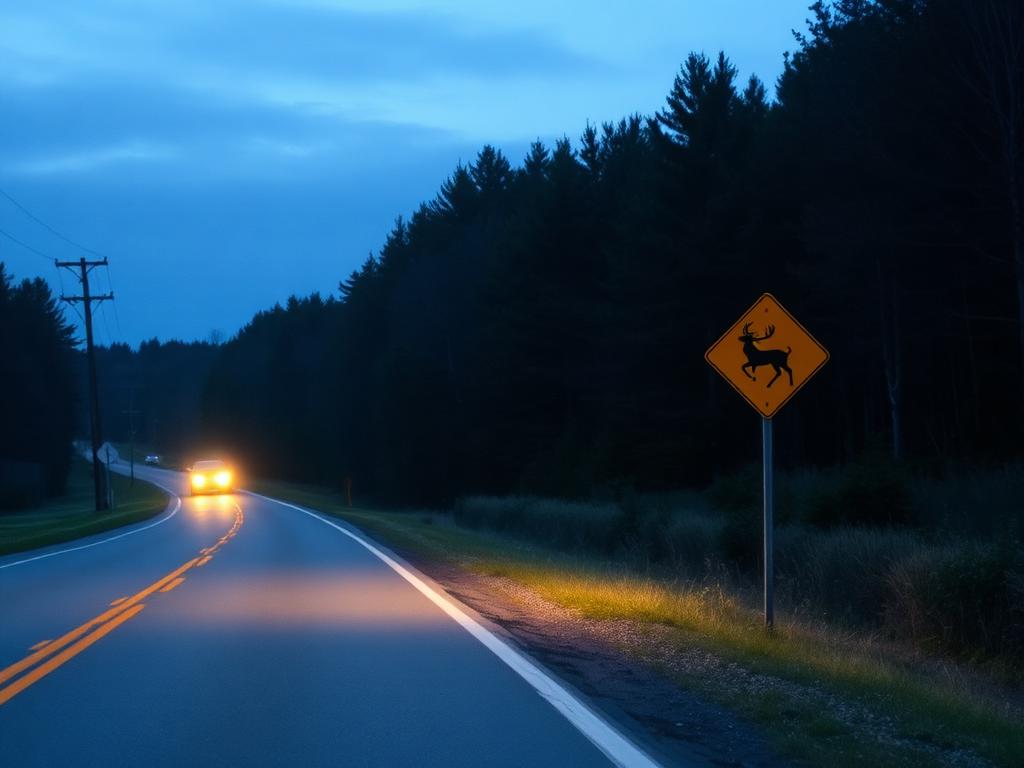 Rural road at dusk with a deer crossing warning sign